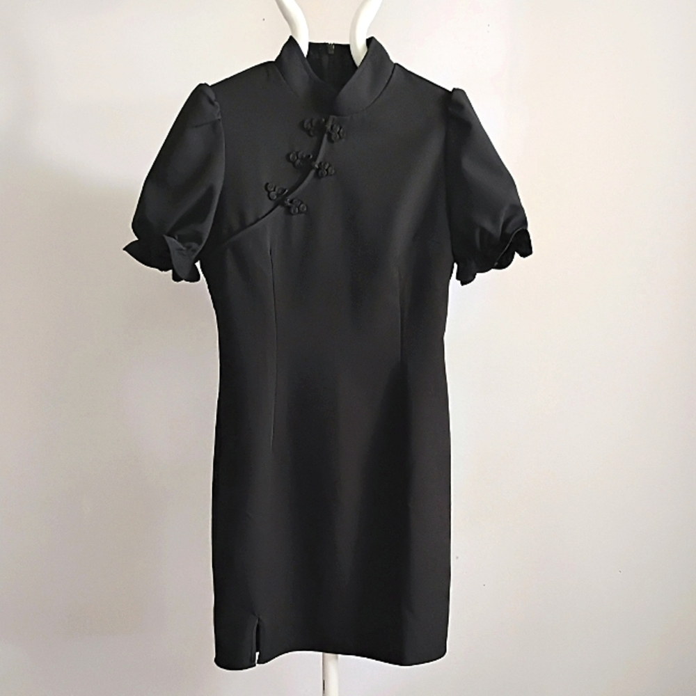 Black Qipao Cheongsam Mini Puff Sleeve La'Crawfish Dress
